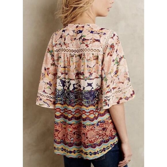 Anthropologie Meadow Rue Blouse Sz L Boho Floral Patchwork Crochet Peasant Top - Picture 7 of 10